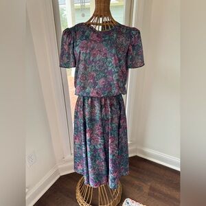 Vintage 80s Teal Purple Rose Print Puff Sleeve Midi Dress USA 10